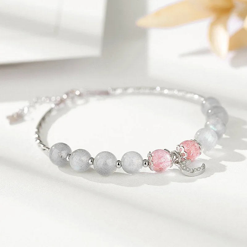 Strawberry Quartz Moonstone Lucky Moon Charm Bracelet by Luck Muse Shop