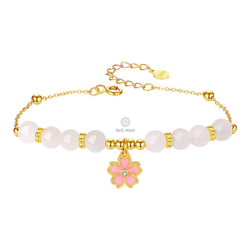 Luck Muse Sterling Silver Hetian White Jade Cherry Blossom Bracelet - Image 12