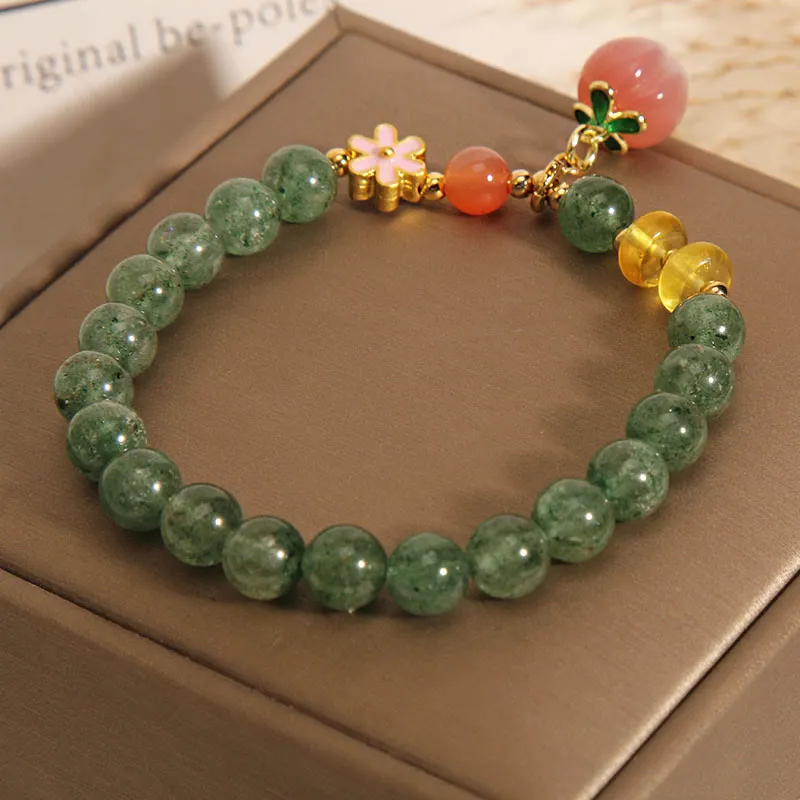 Natural Green Strawberry Quartz Love Peach Charm Bracelet by Luck Muse Shop - Image 4
