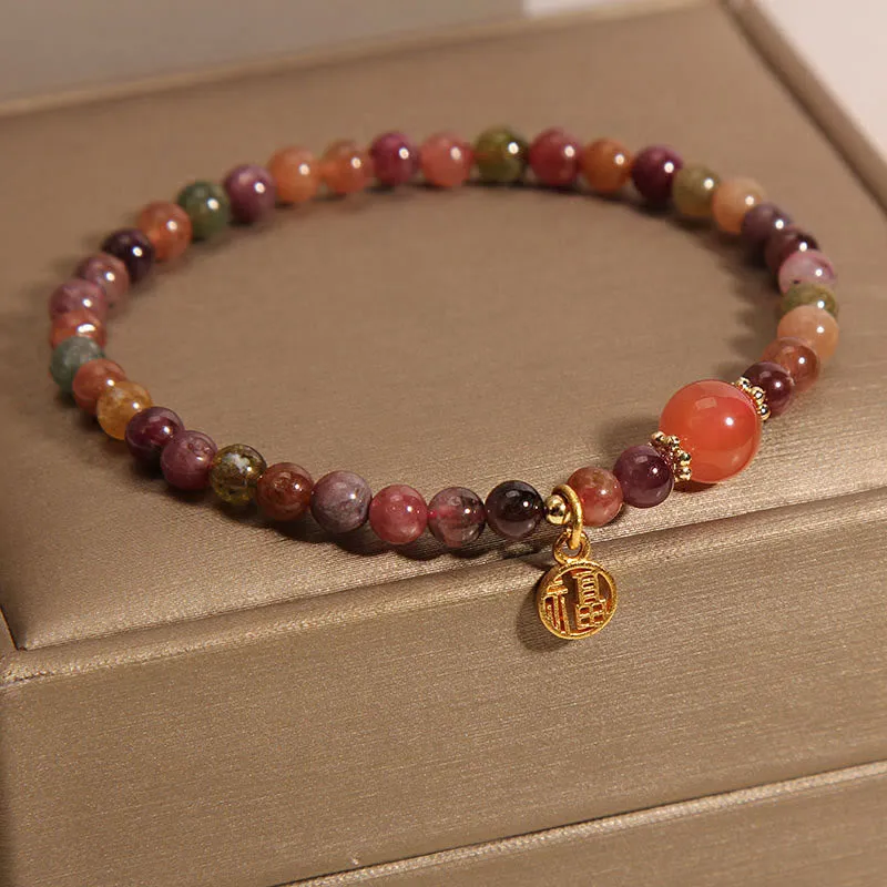 Colorful Tourmaline Fu Character Love Bracelet with Luck Muse