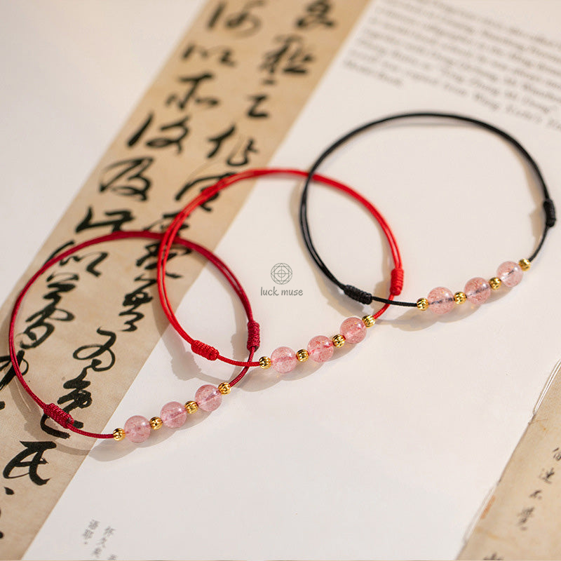 Strawberry Crystal Bead Lucky Red String Anklet with Luck Muse - Image 2