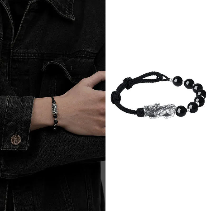 Luck Muse 999 Sterling Silver Feng Shui Pixiu Natural Black Obsidian Bracelet - Image 8