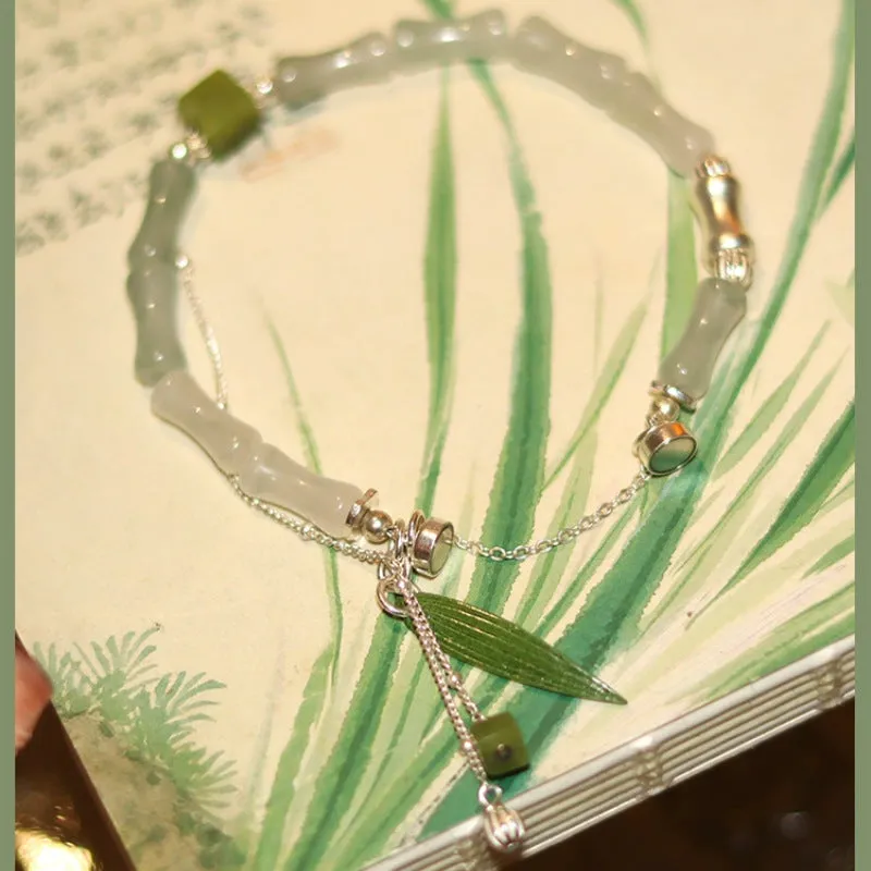 Bamboo Leaf Lantern Charm Happiness Bracelet with Natural White Jade in 925 Sterling Silver - Image 6