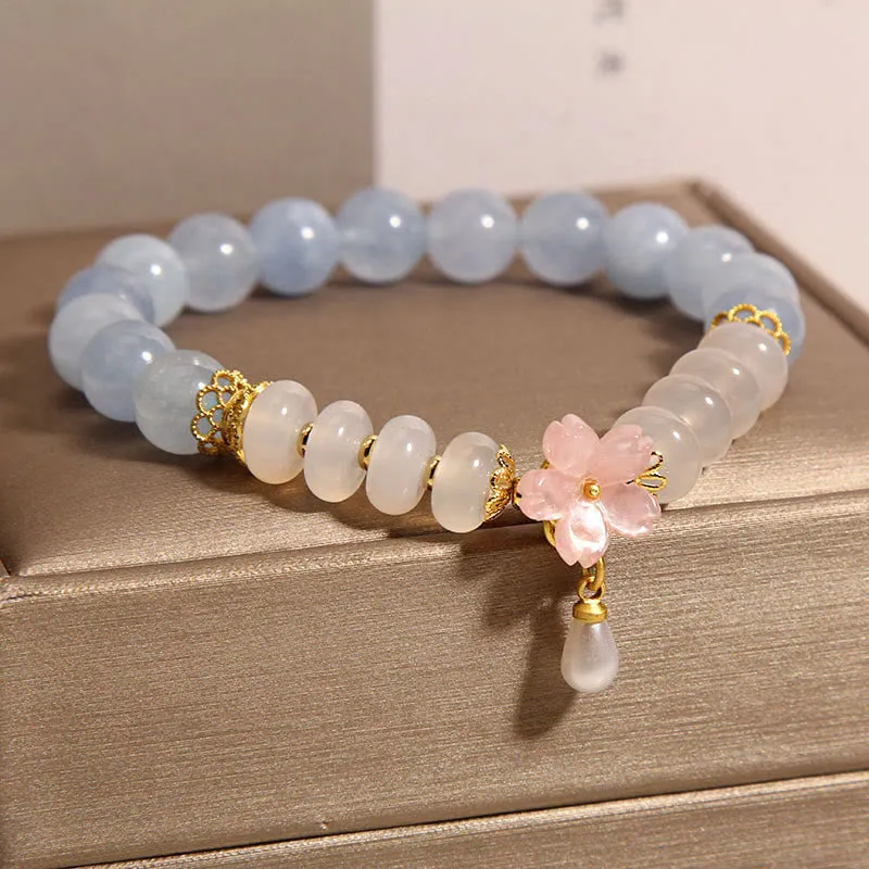Aquamarine White Agate, Pearl and Abacus Beads Healing Bracelet with Luck Muse - Image 3