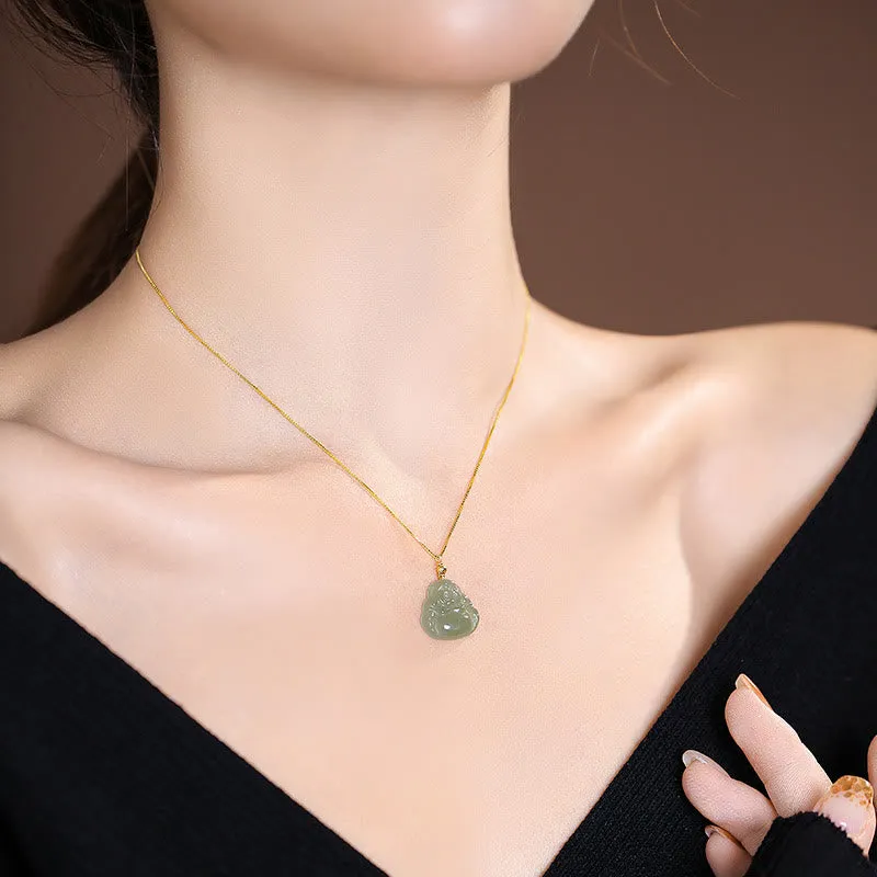 Luck Muse 925 Sterling Silver Hetian and Cyan Jade Luck Laughing Buddha Butterfly Necklace Pendant - Image 3