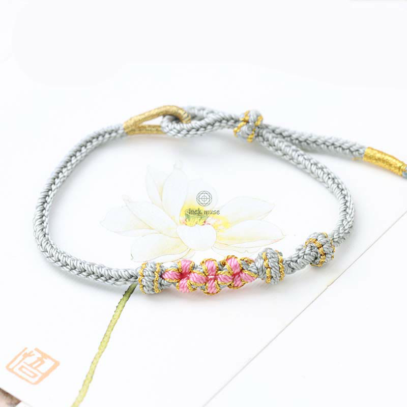 Braided String Bracelet with Handmade Three Peach Blossoms for Good Luck - Eight Strands - Image 11