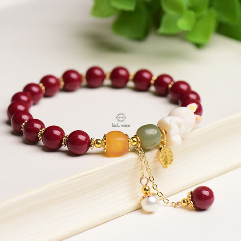 Year of the Rabbit Cinnabar Hetian Jade Bunny Beaded Bracelet with Blessings - Image 2