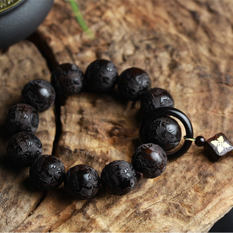 Yin Yang Engraved Ebony Wood Gourd Bracelet with Chinese Characters - Image 9