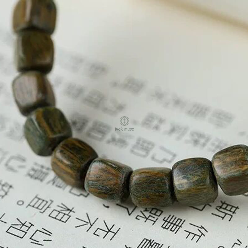 Green Sandalwood Ebony Om Mani Padme Hum Engraved Peace Triple Wrap Bracelet with Luck Muse - Image 9
