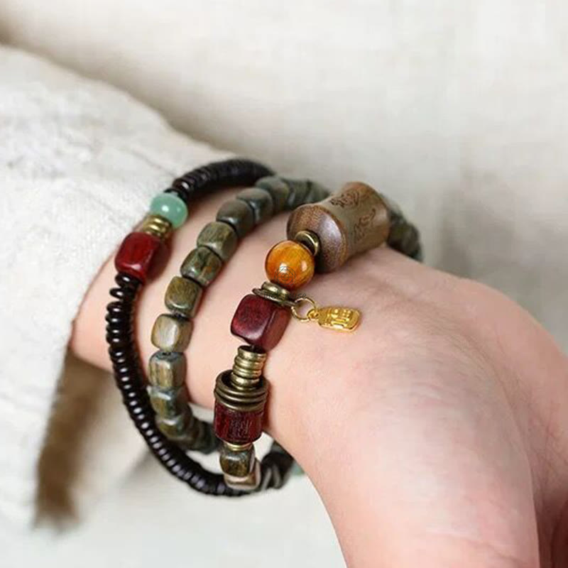 Green Sandalwood Ebony Om Mani Padme Hum Engraved Peace Triple Wrap Bracelet with Luck Muse - Image 7