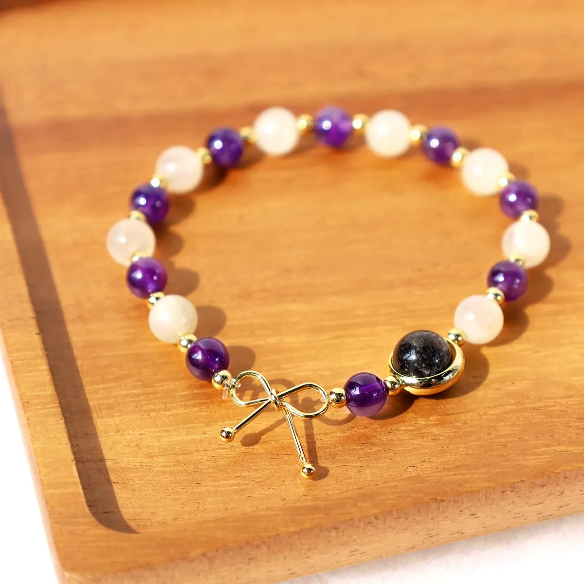 Spiritual Bead Bracelet with Amethyst, Cat's Eye, and Black Rutilated Quartz - Image 2