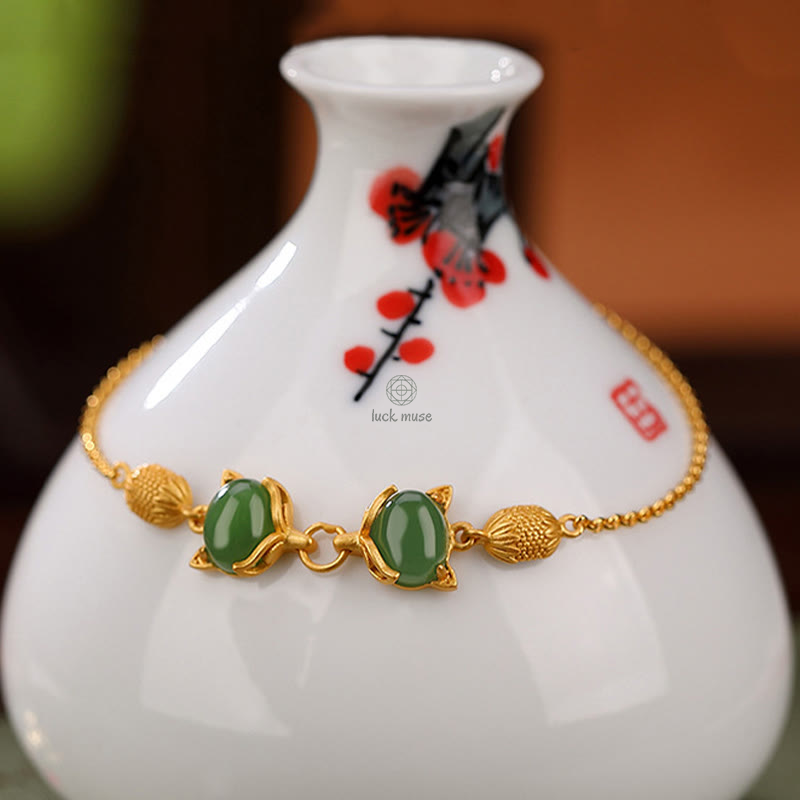 Luck Muse 925 Sterling Silver Hetian White and Cyan Jade Fox Luck Bracelet - Image 3