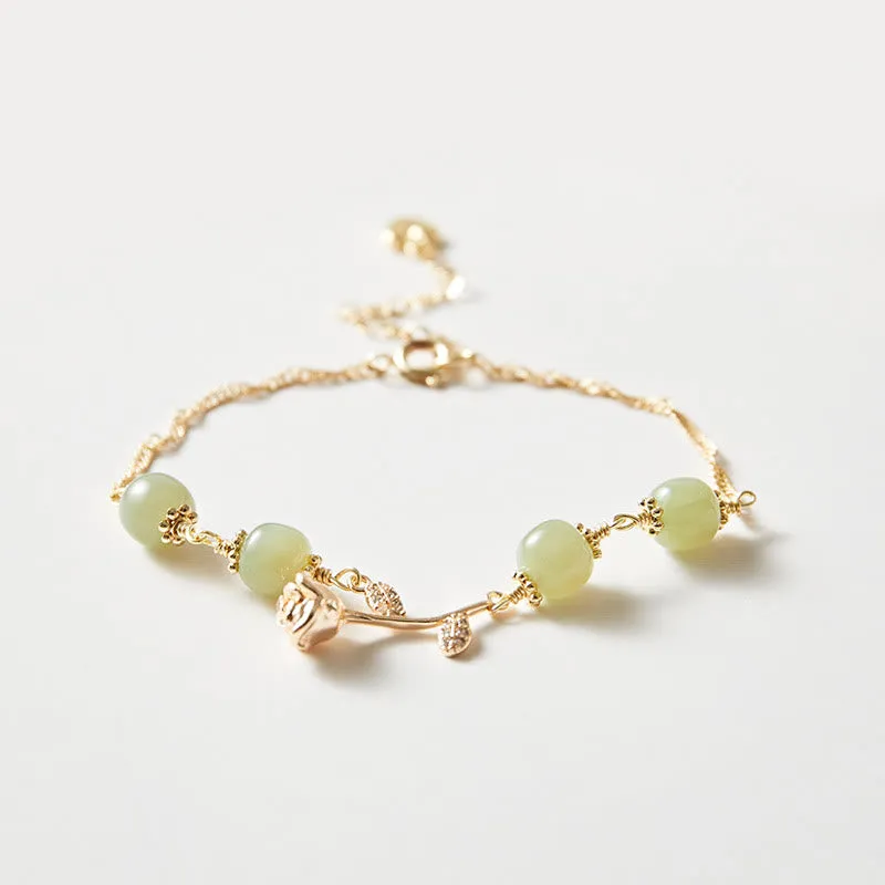 Luck Muse 14K Gold Plated Hetian Jade Rose Flower Luck Chain Bracelet - Image 2