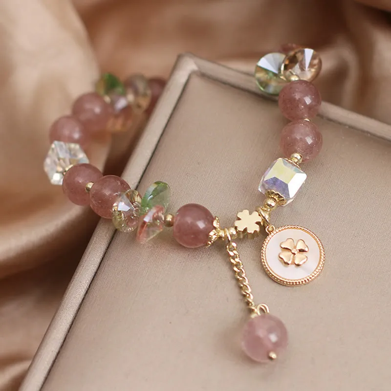 Luck Muse Strawberry Quartz Four Leaf Clover Bracelet with Healing Charm - Image 5