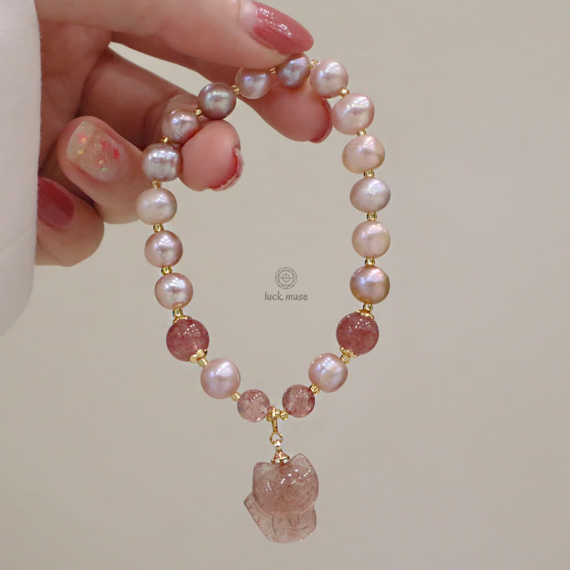 Natural Pearl Strawberry Quartz Love Healing Bracelet with Cute Fox Charm - Image 12