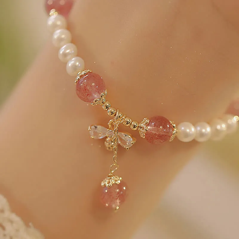 Natural Strawberry Quartz and Pearl Healing Bracelet with Honey Bee Charm