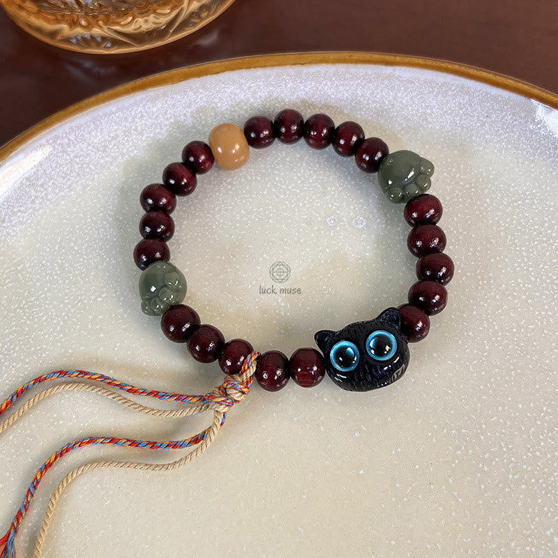 Luck Muse Ebony Wood Cat Paw Jade Peace Tassel Bracelet - Image 4