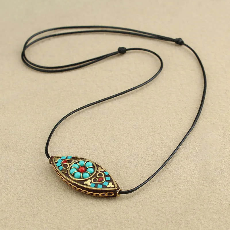 Tibet Turquoise Bead Necklace Pendant with Marquise Pattern for Protection and Strength