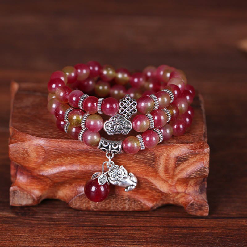Natural Watermelon Tourmaline Pixiu Elephant Positive Triple-wrap Bracelet