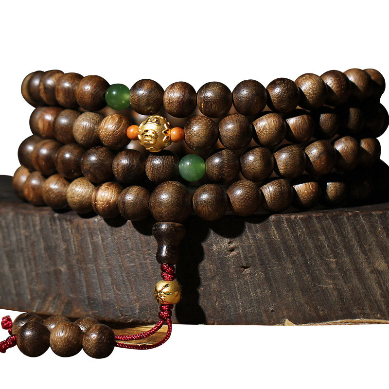 Luck Muse 999 Gold 108 Mala Beads Agarwood Cyan Jade Six Words Strength Bracelet - Image 18