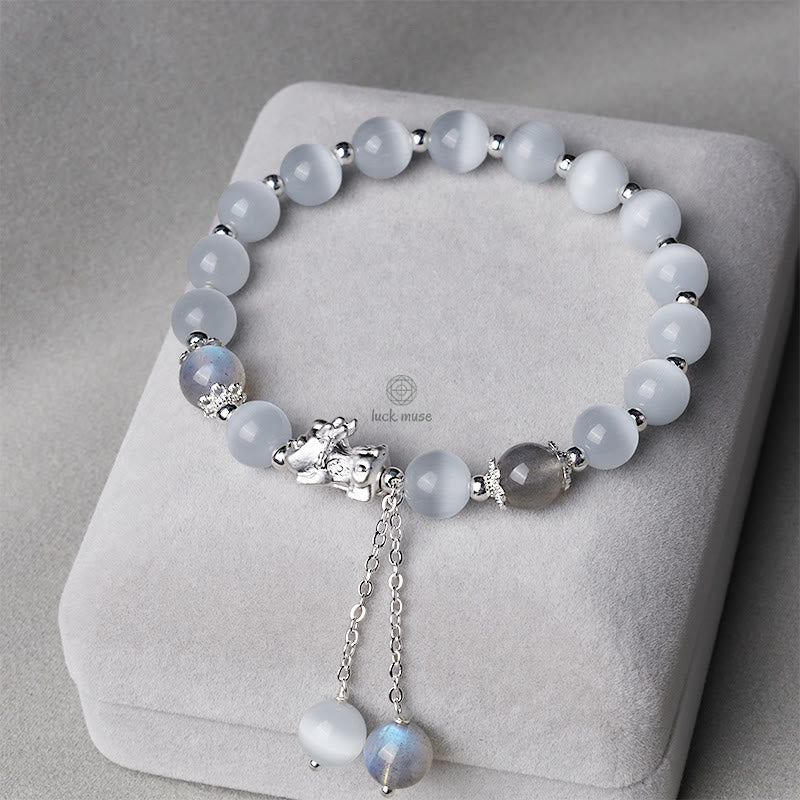 Luck Muse Cat's Eye Moonstone Strawberry Quartz PiXiu Bracelet