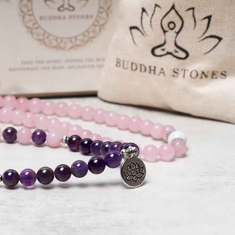 Luck Muse Shop Rose Quartz Amethyst Mala Bead Lotus Pendant Bracelet - Image 8
