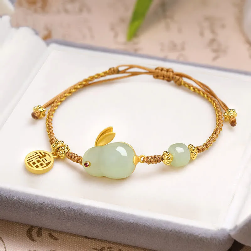 Hetian Jade Happiness Blessing Wealth Bracelet with Rabbit Year Charm