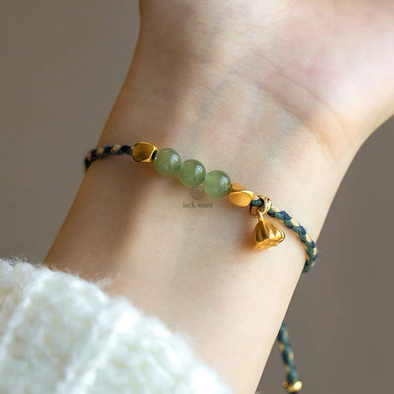 Handcrafted Hetian Jade Lotus Charm Bracelet - Luck Muse Lucky Braided Bracelet - Image 3