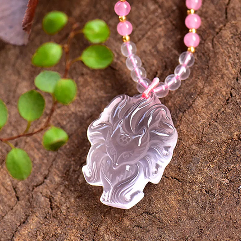 Natural Pink Crystal Nine Tailed Fox Love Necklace Pendant crafted with Luck Muse - Image 4