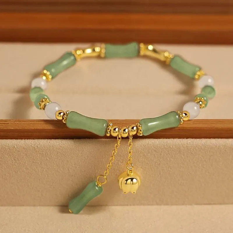 Green Aventurine Charm Bracelet with Bamboo Jade Pattern