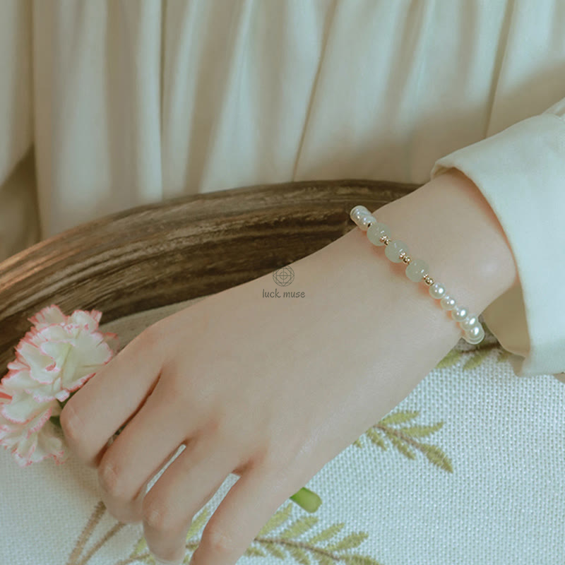 Luck Muse 14K Gold Plated Sincerity Bead Chain Bracelet with Natural Pearl, Hetian Cyan Jade, and White Jade - Image 24