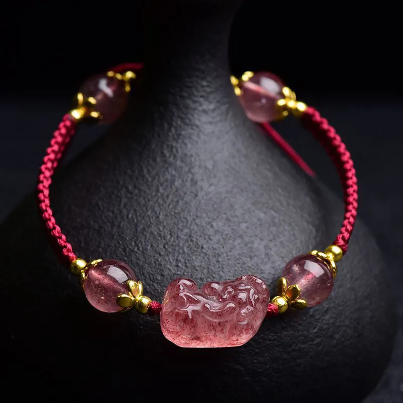 Natural Strawberry Crystal Pixiu Lucky Red String Bracelet