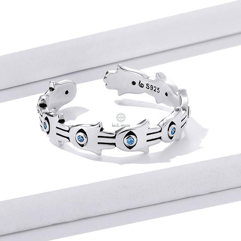 Luck Muse 925 Silver Hamsa Zircon Ring - Adjustable - Image 6