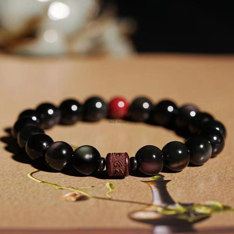 Natural Gold Sheen Obsidian Rainbow Obsidian Om Mani Padme Hum Healing Bracelet - Image 44