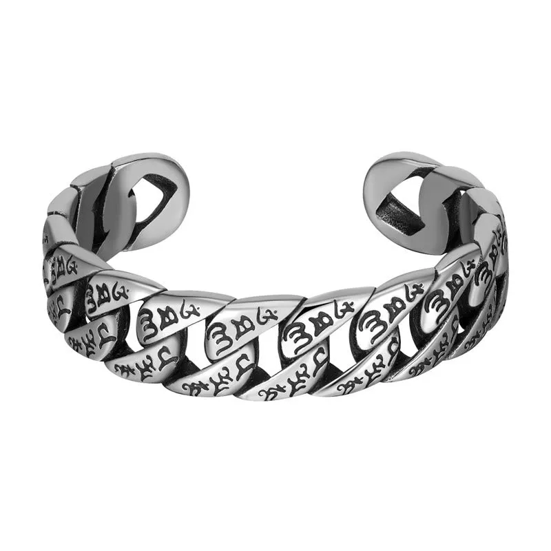 Tibetan Om Mani Padme Hum Mantra Titanium Steel Bangle Bracelet - Peaceful Design