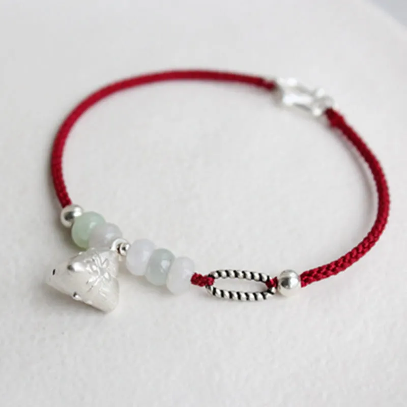 Luck Muse Jade Red String Bracelet with 925 Sterling Silver Zongzi Charm for Abundance