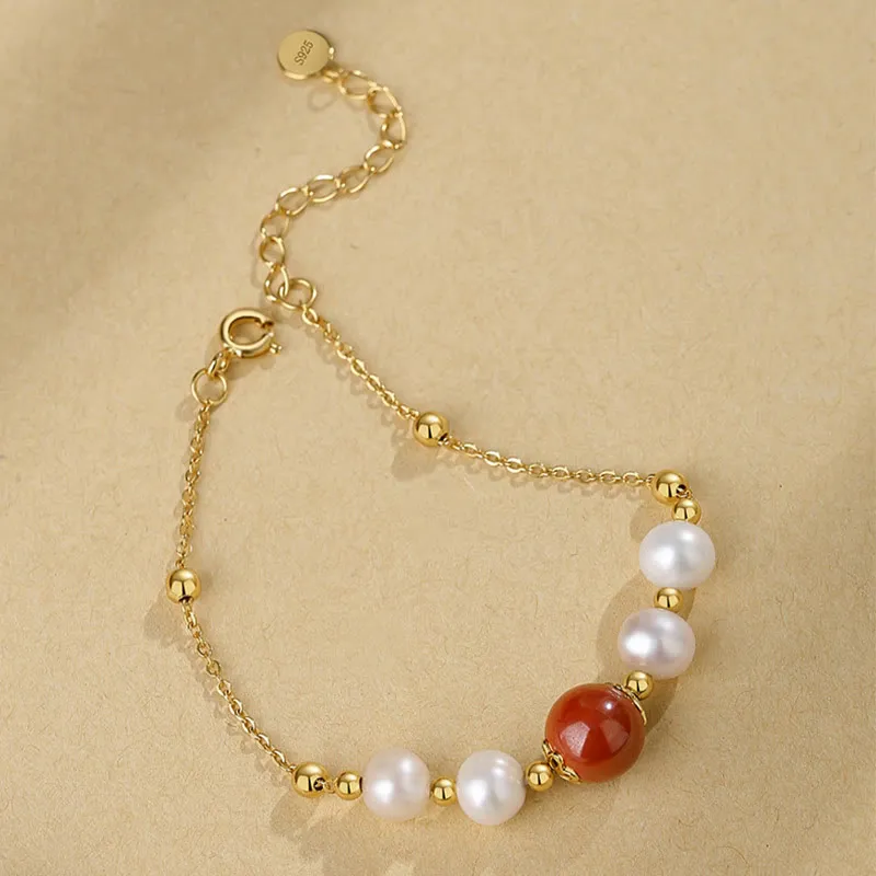 Luck Muse 925 Sterling Silver Pearl Cinnabar Healing Beaded Chain Bracelet - Image 5