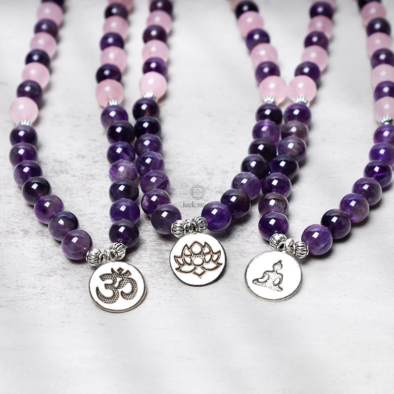 Luck Muse Shop Rose Quartz Amethyst Mala Bead Lotus Pendant Bracelet - Image 4