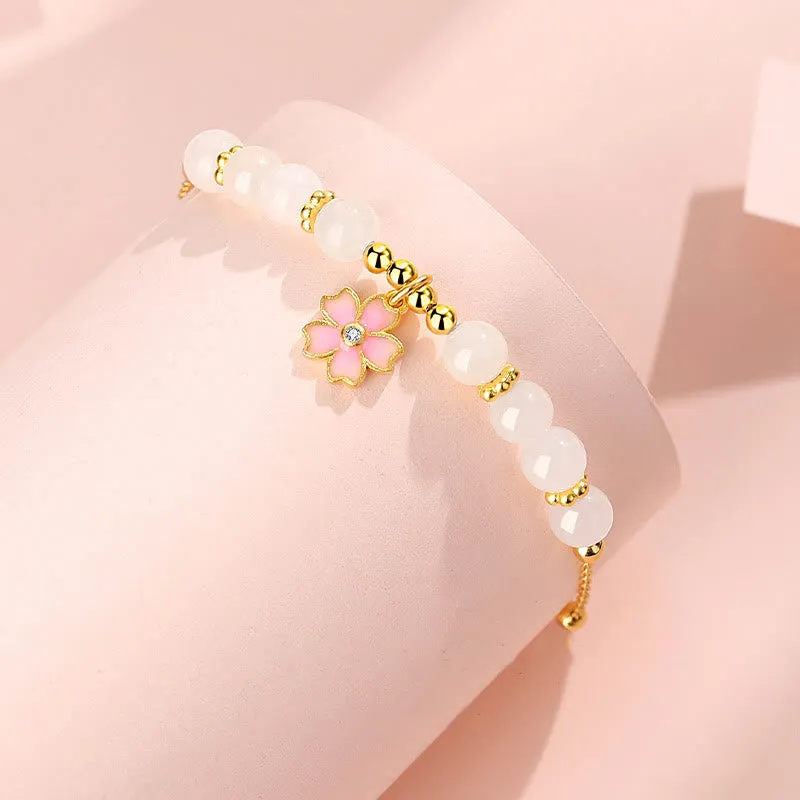 Luck Muse Sterling Silver Hetian White Jade Cherry Blossom Bracelet - Image 2