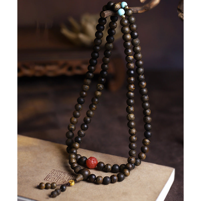 Luck Muse 108 Mala Beads Peace Meditation Bracelet with Agarwood, Red Agate, and Turquoise - Image 11
