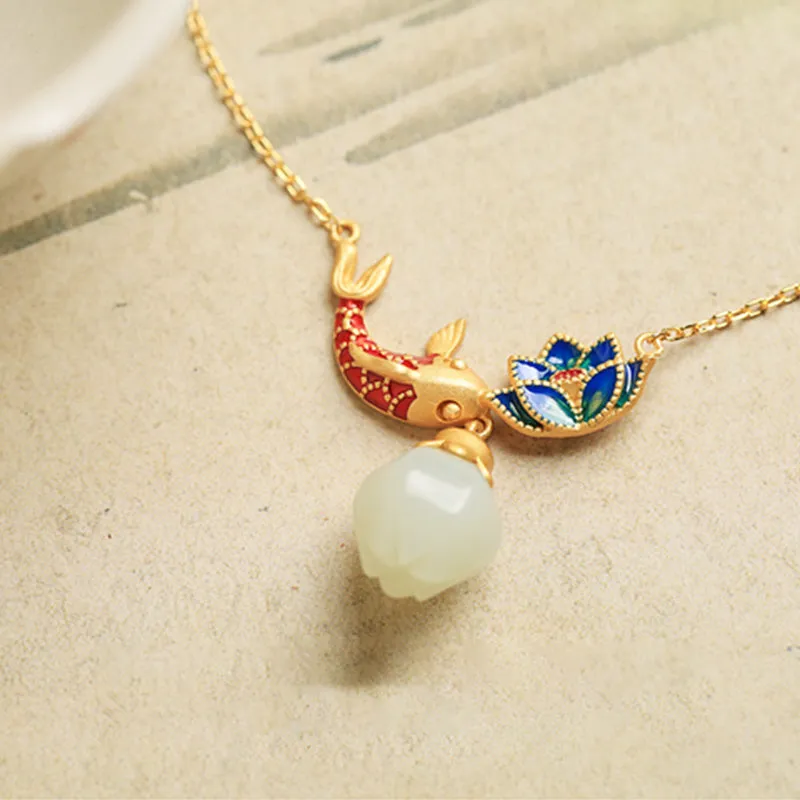Luck Muse Shop 925 Sterling Silver White Jade Koi Fish Lotus Protection Necklace Pendant - Image 5
