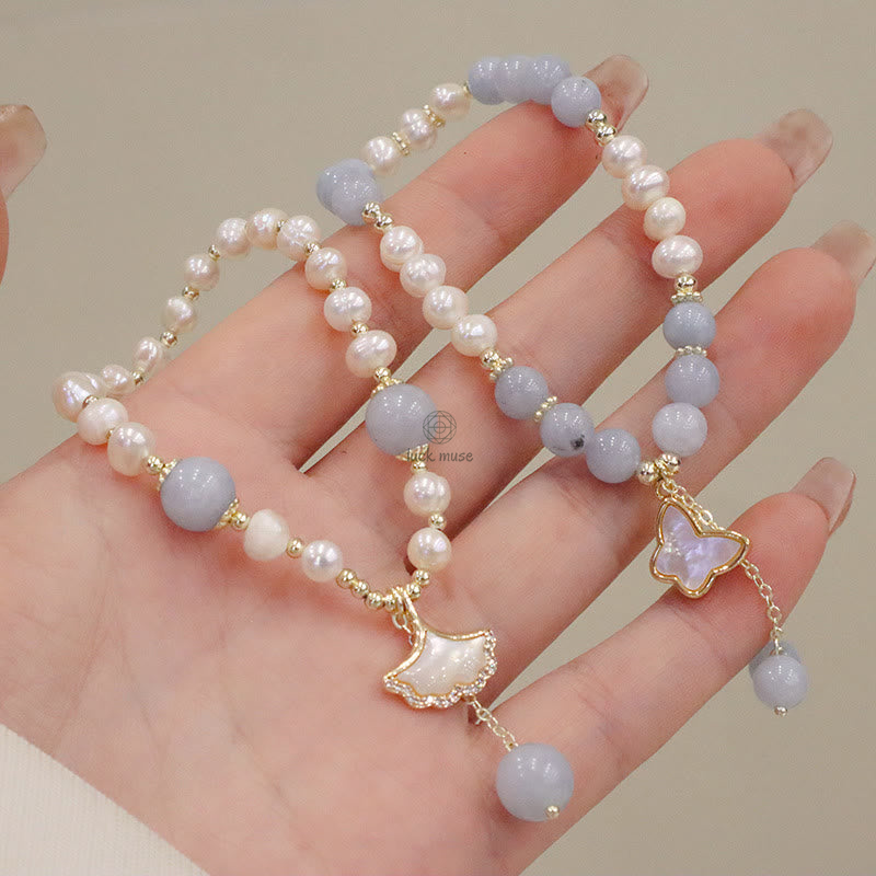 Aquamarine Pearl Healing Bracelet with Ginkgo Leaf and Butterfly Charm - Image 2