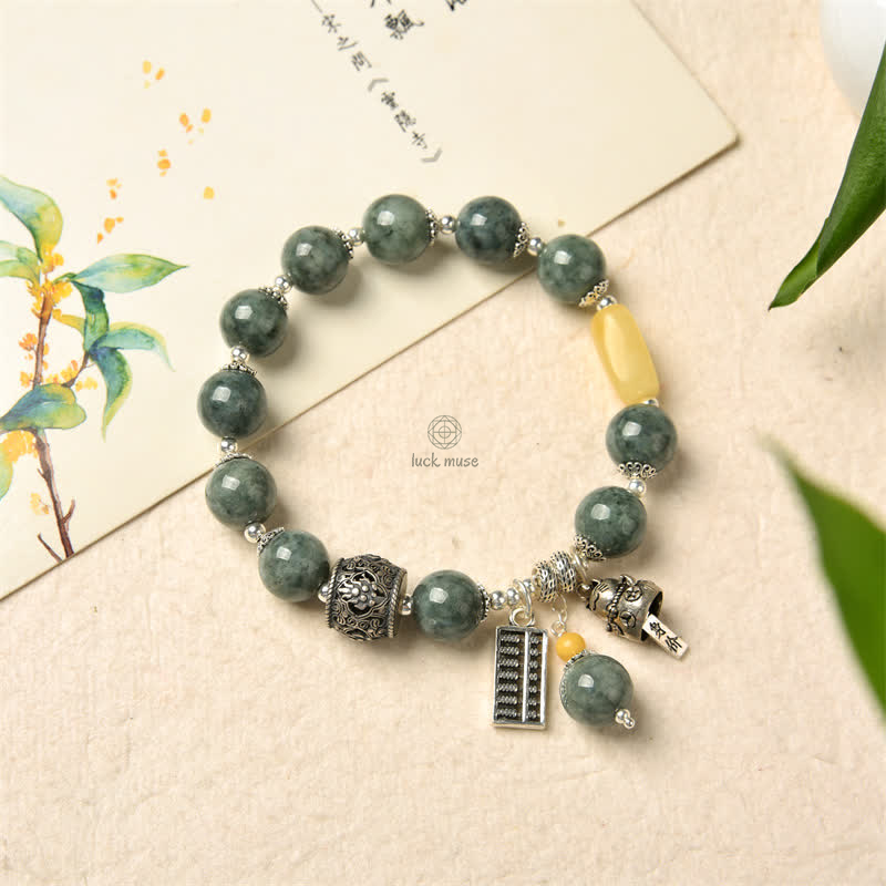 925 Sterling Silver Cyan Jade Amber Lucky Cat Abacus Success Bracelet - Image 8