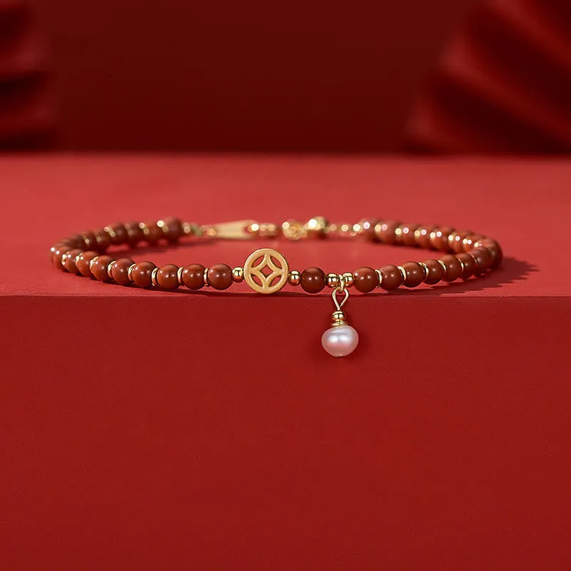 Luck Muse Red Agate Copper Coin Bracelet with 14K Gold Plating for Confidence