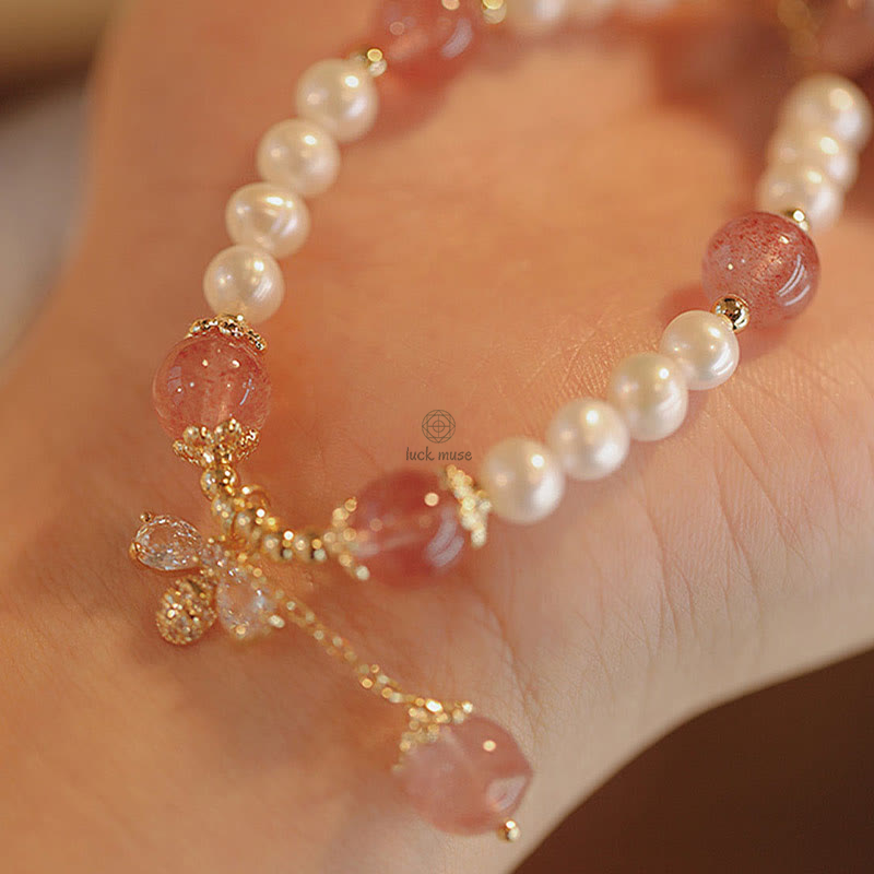 Natural Strawberry Quartz and Pearl Healing Bracelet with Honey Bee Charm - Image 6