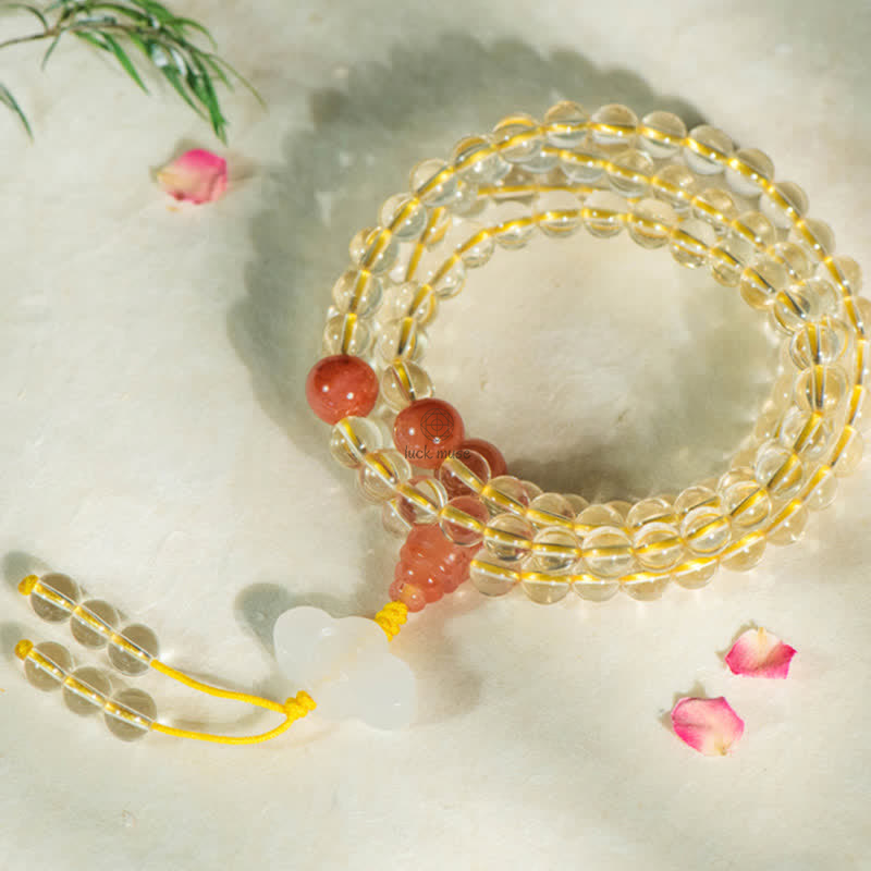 Luck Muse 108 Mala Beads Bracelet with 925 Sterling Silver, Natural Citrine, Red Agate, and White Jade Prosperity Charm - Image 13