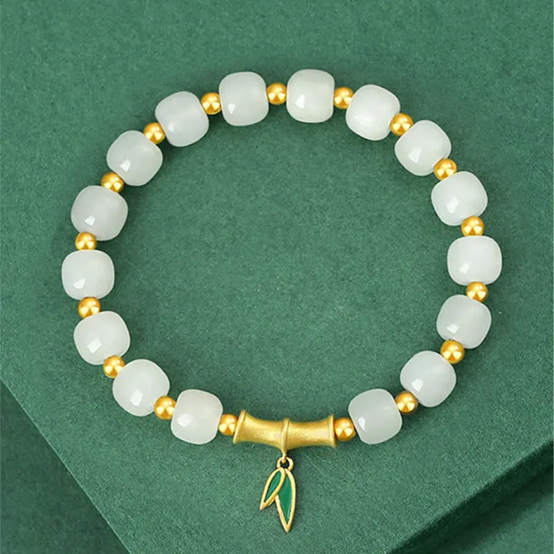 Bamboo Luck Bracelet with Hetian White Jade and 925 Sterling Silver Accents - Image 3