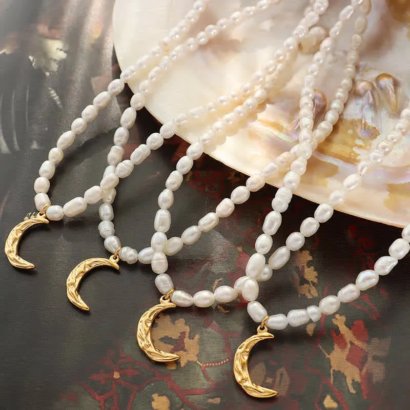Pearl Crescent Moon Titanium Steel Calm Necklace Pendant by Luck Muse Shop - Image 2