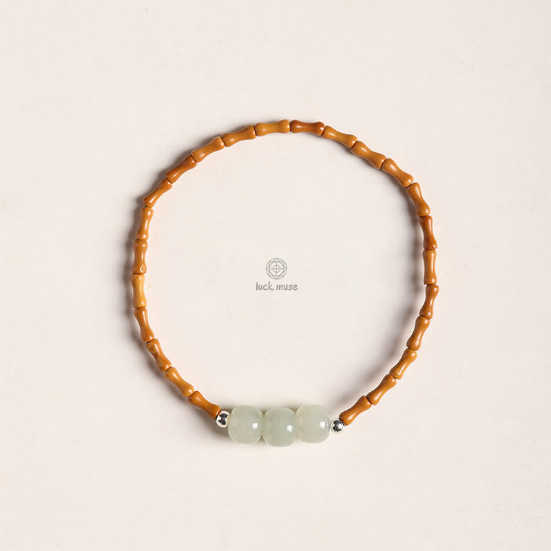 Bamboo Pattern Hetian Jade Beads Luck Bracelet with Luck Muse and Olive Pit - Natural - Image 2