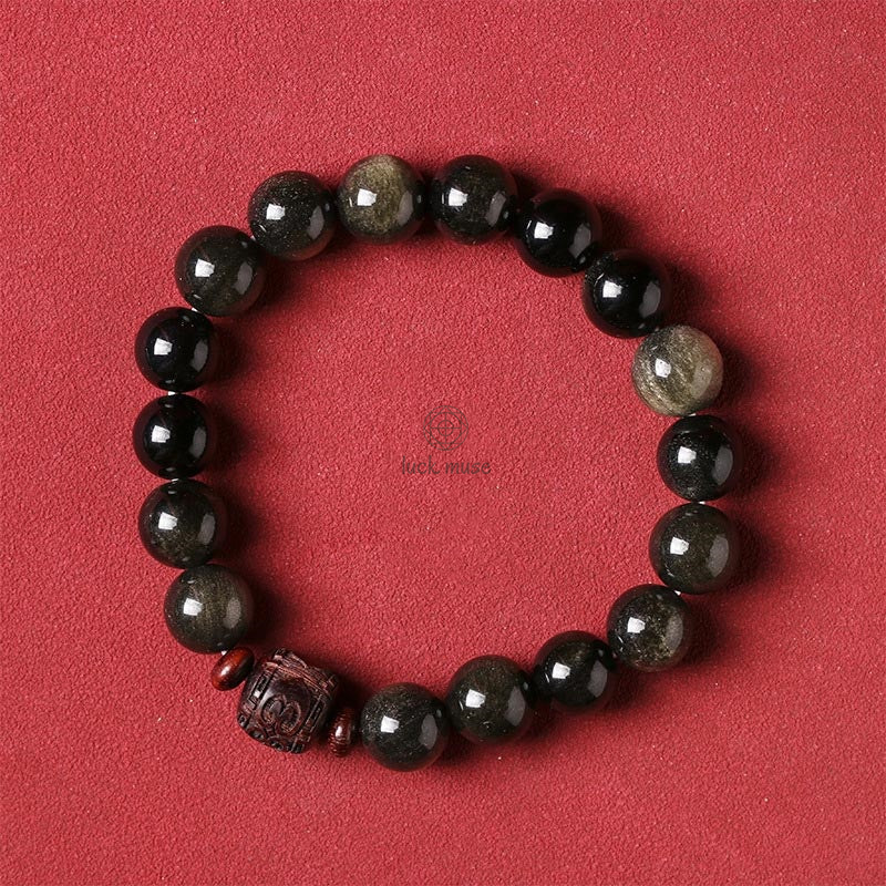 Natural Gold Sheen Obsidian Rainbow Obsidian Om Mani Padme Hum Healing Bracelet - Image 20